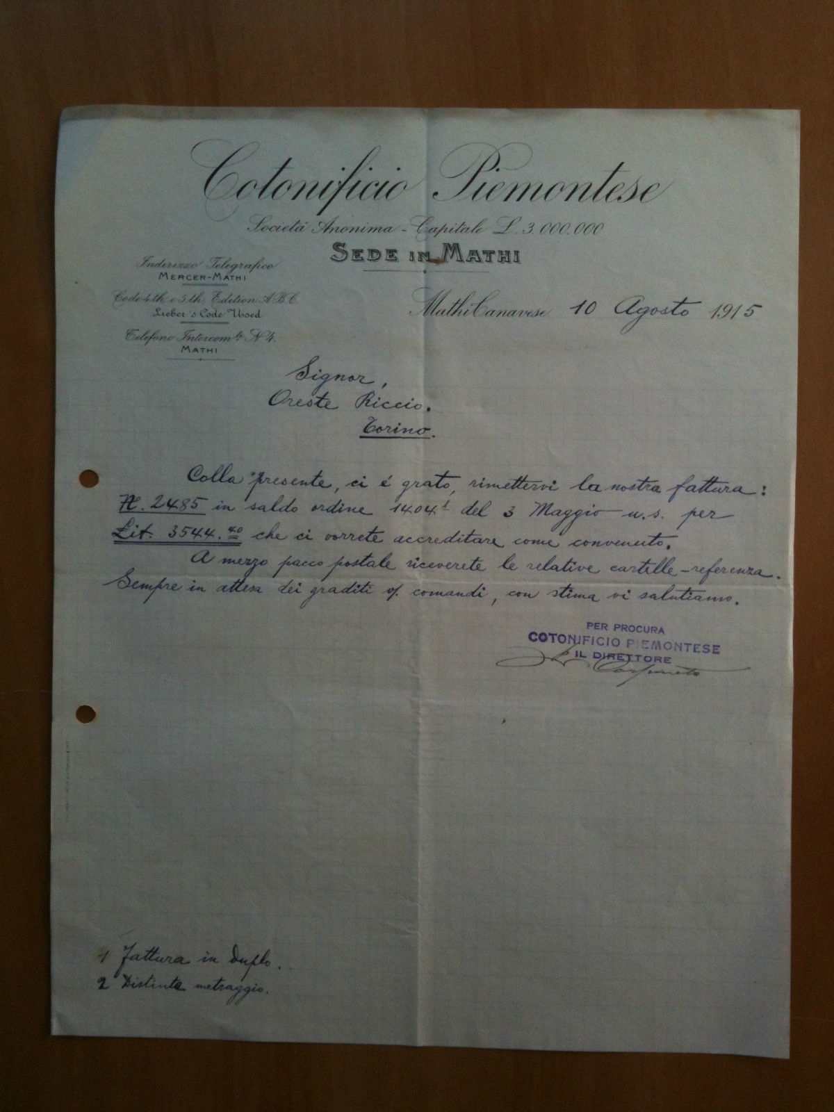 Lettera Commerciale Cotonificio Piemontese Mathi Canavese 1915