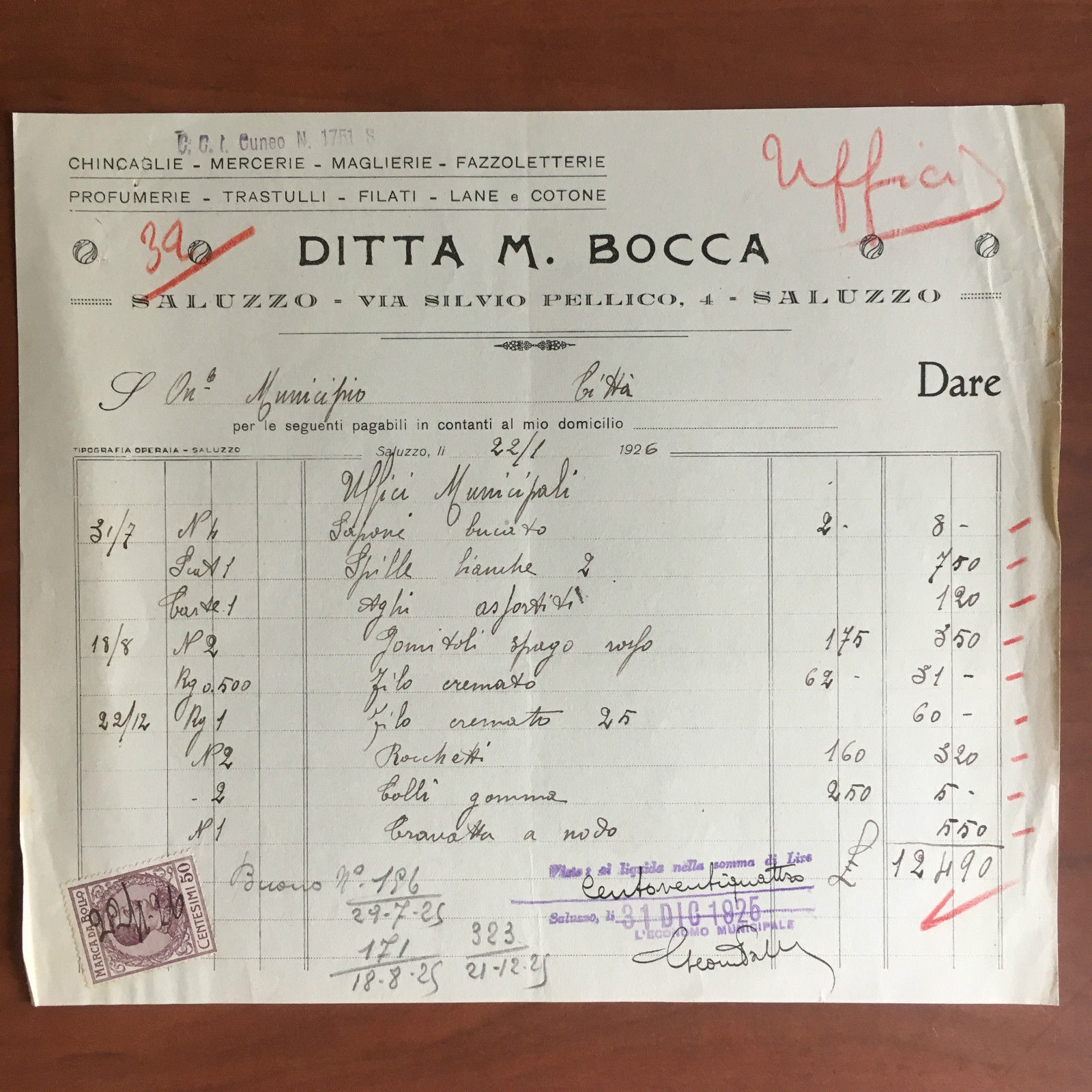 Lettera commerciale Ditta M. Bocca Saluzzo 1925 - E22068