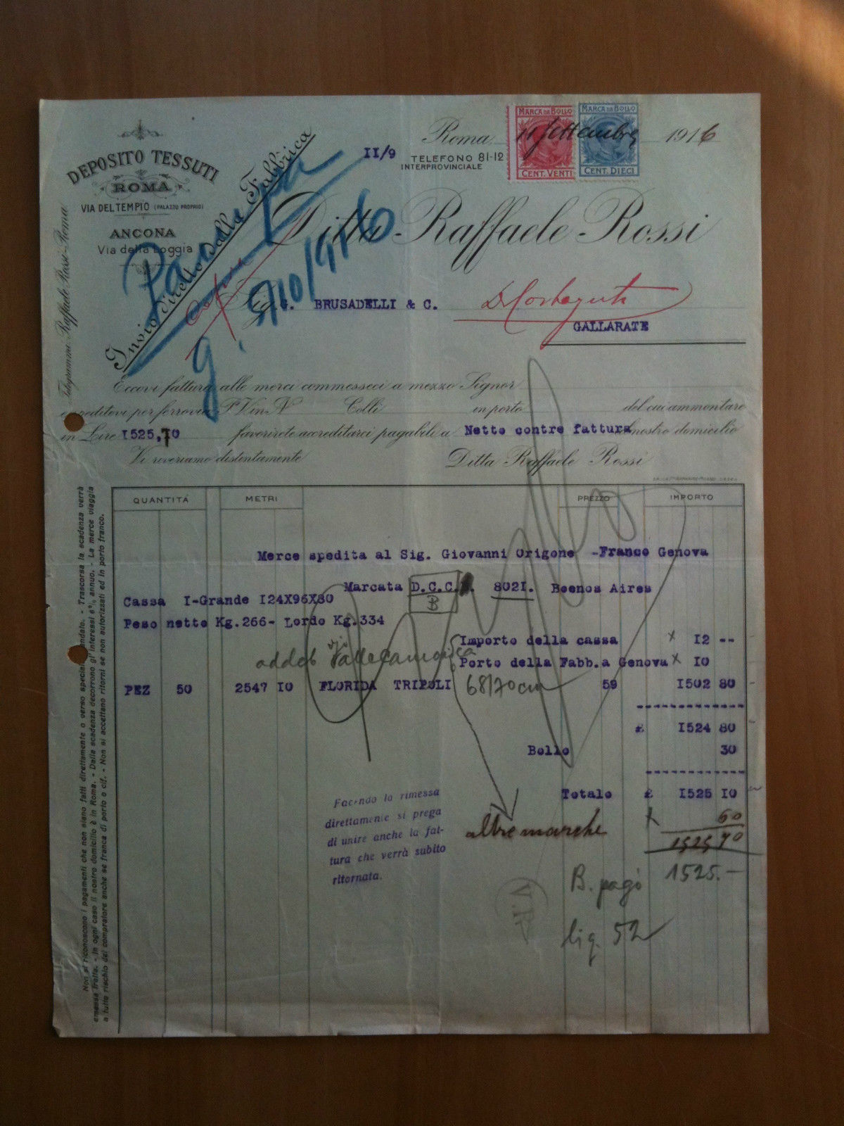 Lettera Commerciale Ditta Raffaele Rossi Tessuti Roma 1916