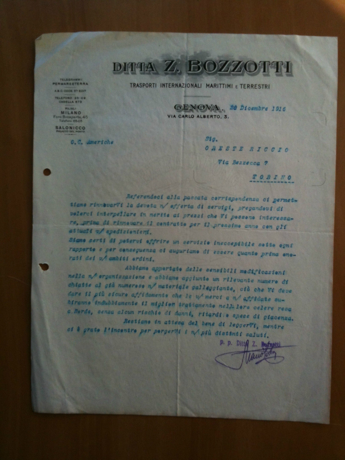 Lettera Commerciale Ditta Z. Bozzotti trasporti internazionali Genova 1916