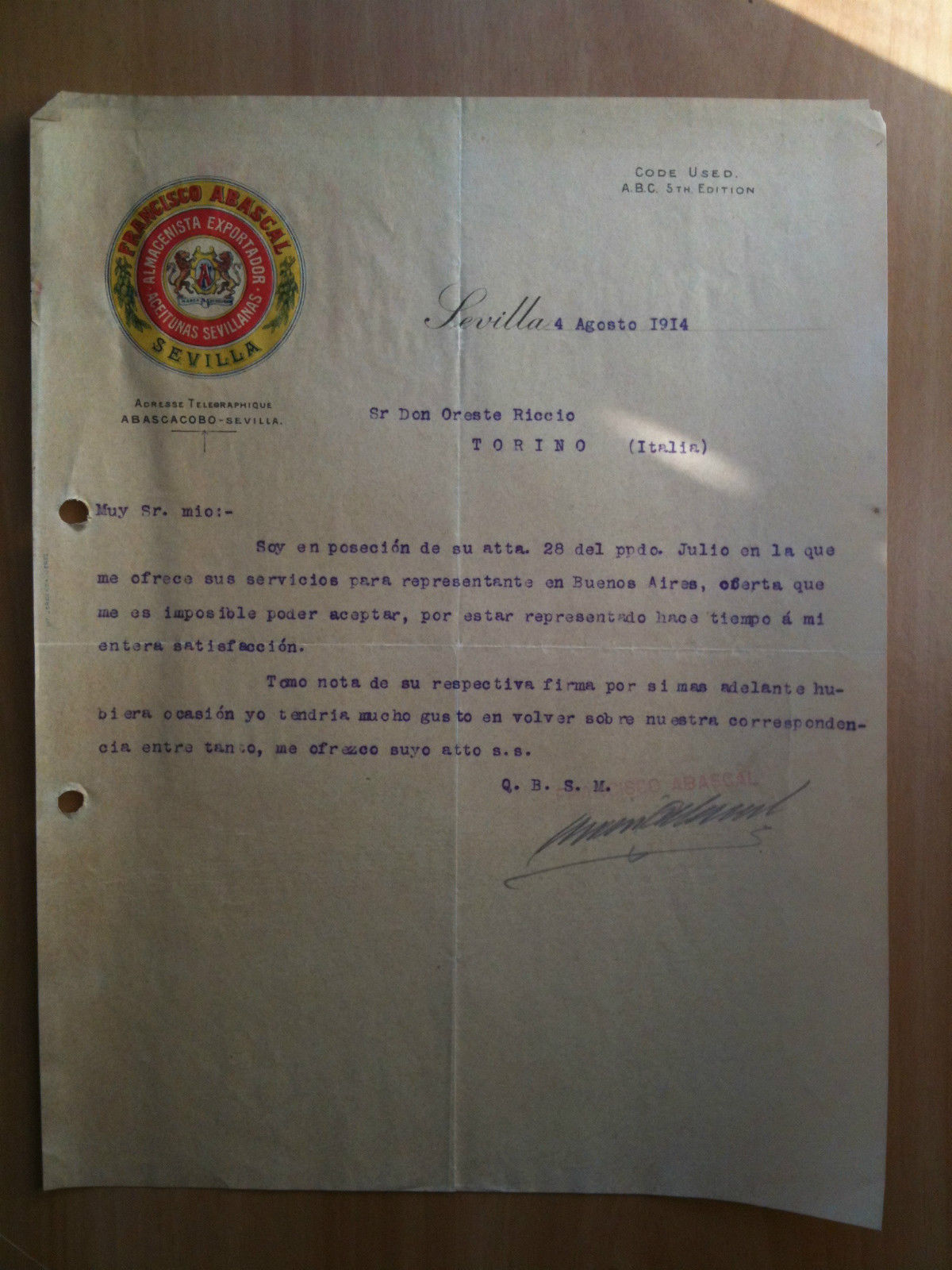 Lettera Commerciale Francisco Abascal Aceitunas Sevillanas 1914