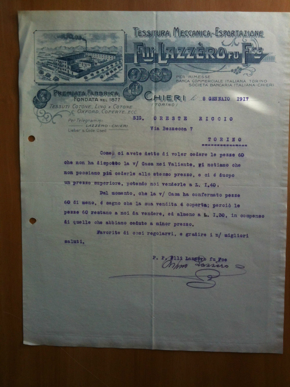 Lettera Commerciale Fratelli Lazzero Fù F.ce Chieri Torino 1917