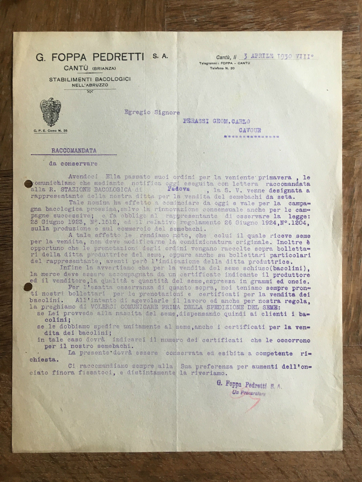 Lettera Commerciale G. Foppa Pedretti Cantù 1930 - E21960