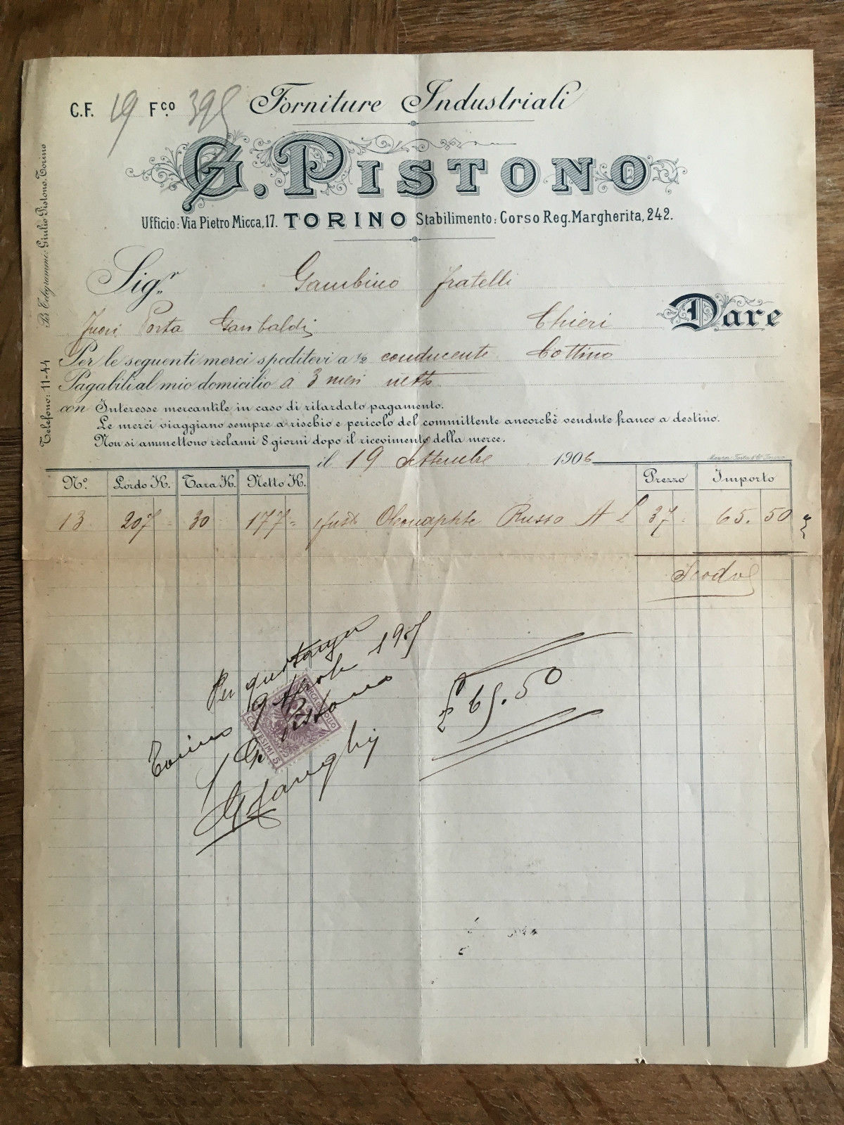 Lettera Commerciale G. Pistono Torino 1906 - E21937