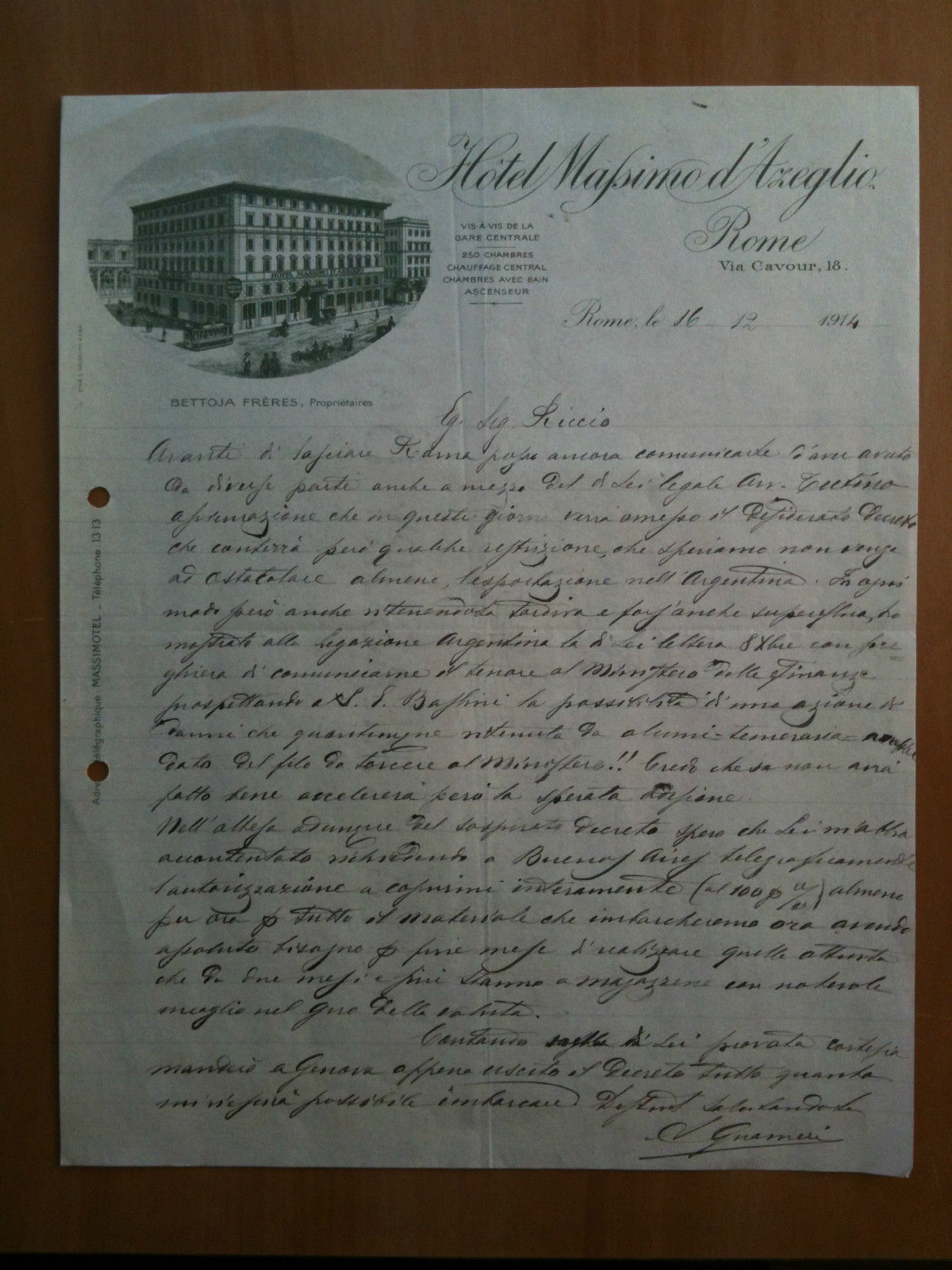 Lettera Commerciale Hotel Massimo d'Azeglio Roma 1914