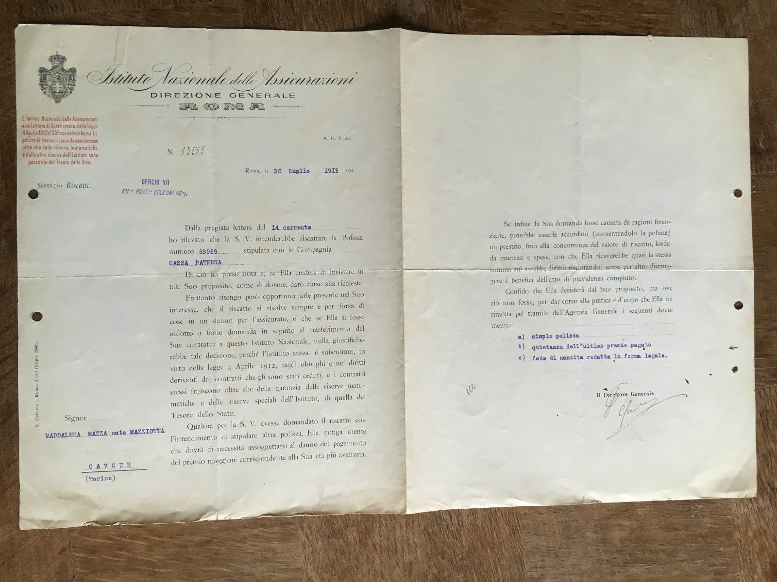 Lettera Commerciale Istituto Nazionale delle Assicurazioni Roma TO 1913 - …