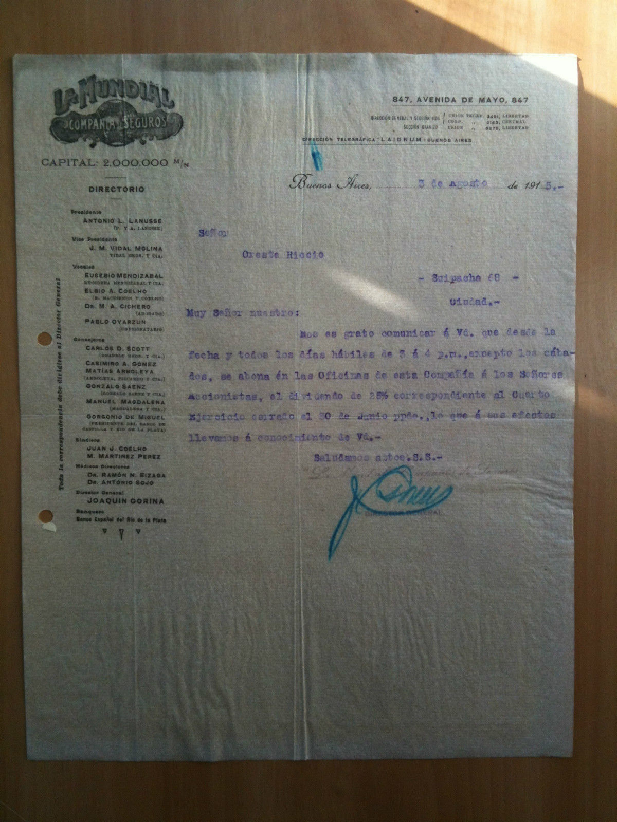 Lettera Commerciale La Mundial Compania de Suguros Buenos Aires 1915