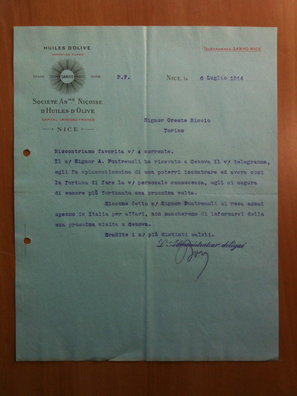 Lettera Commerciale/Lettre Commerciale Sanho Huiles d'Olive Nice 1914