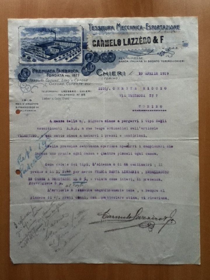 Lettera commerciale originale 1919 Carmelo Lazzèro &amp; F. Tessitura meccanica