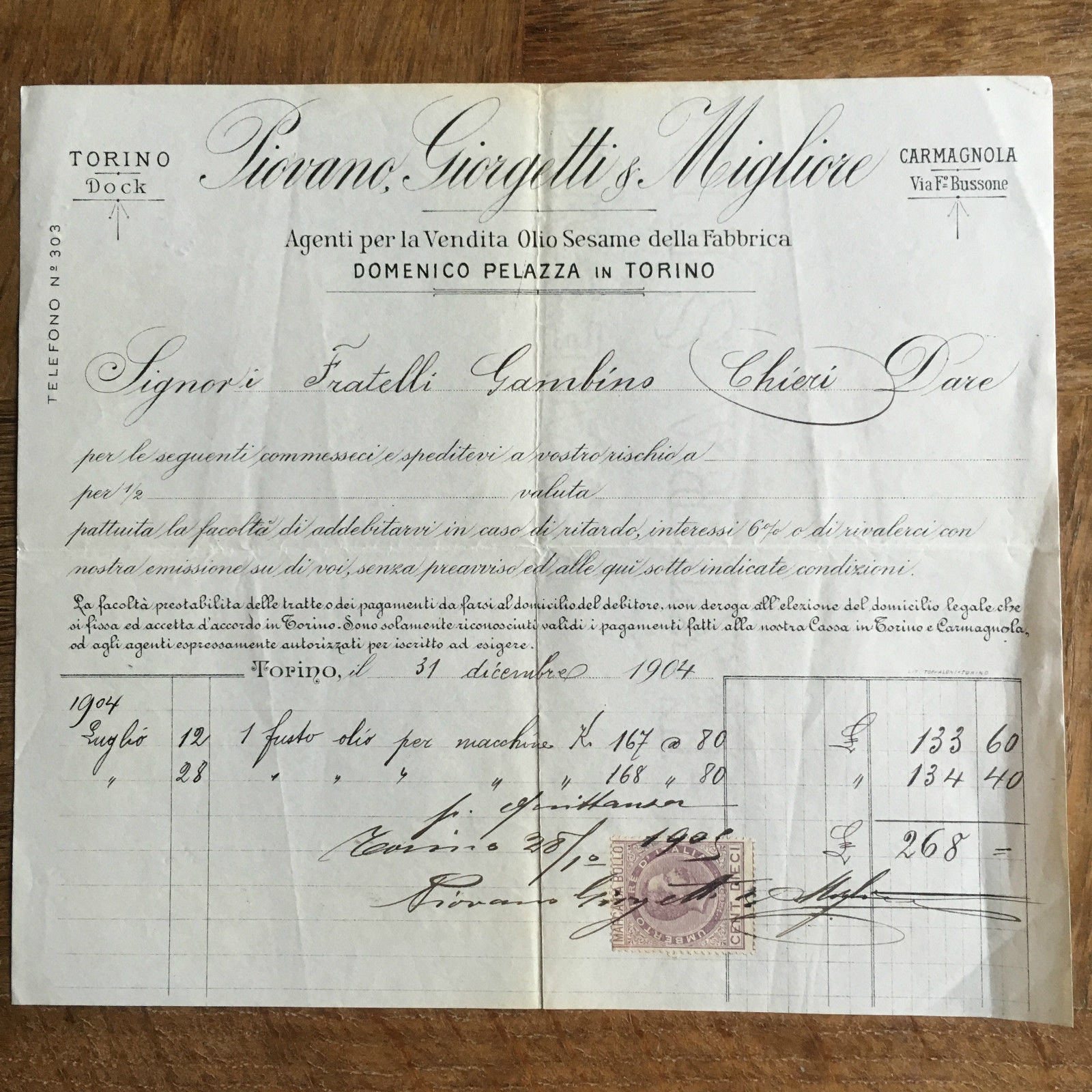 Lettera Commerciale Piovani Giorgetti &amp; Migliore Torino Carmagnola 1904 - …