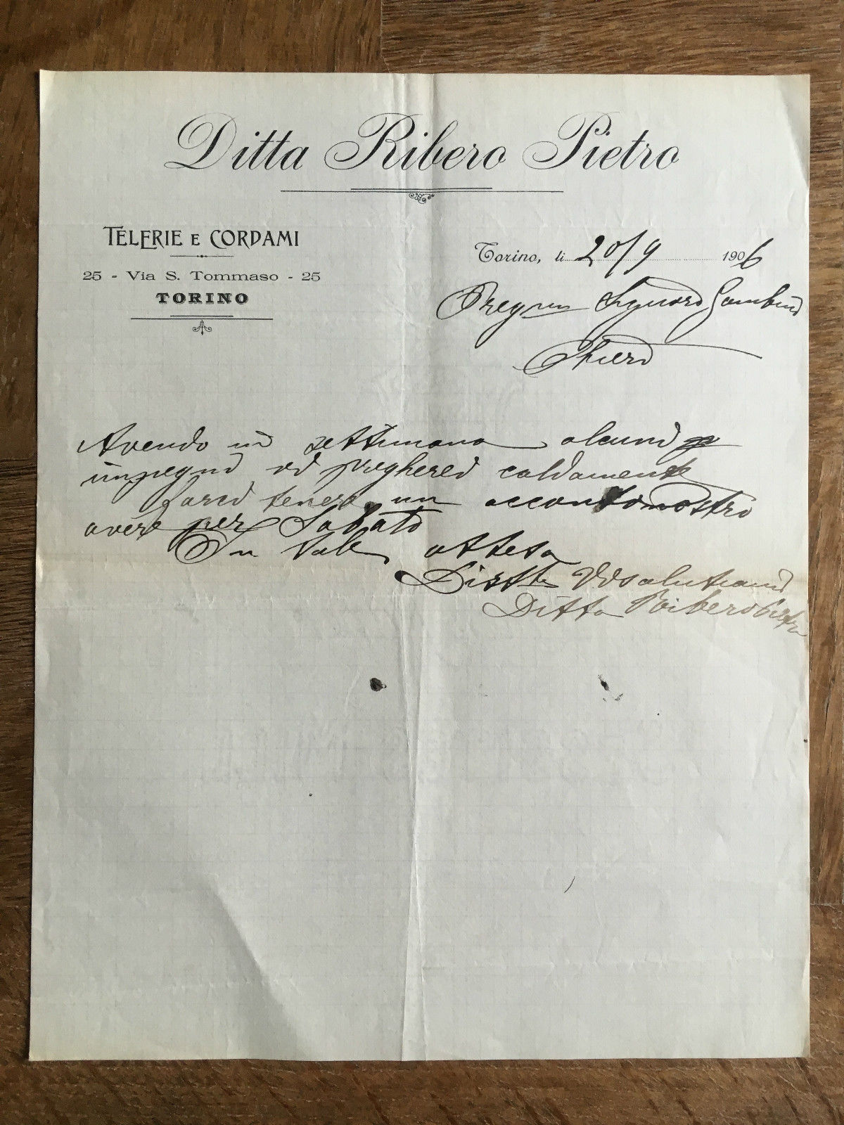 Lettera Commerciale Ribero Pietro Torino 1906 - E21940