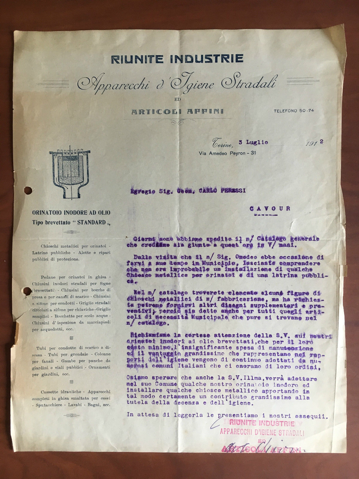 Lettera commerciale Riunite Industrie apparecchi igiene stradali 1912 - E22070