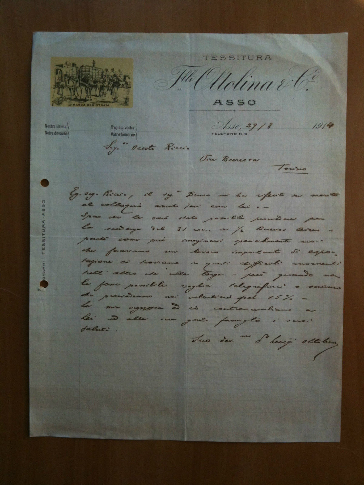Lettera Commerciale Tessitura F.lli Oltolina &amp; C.i 1914 Asso