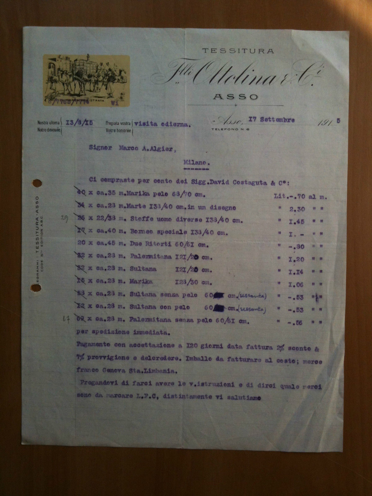 Lettera Commerciale Tessitura F.lli Oltolina &amp; C.i 1915 Asso