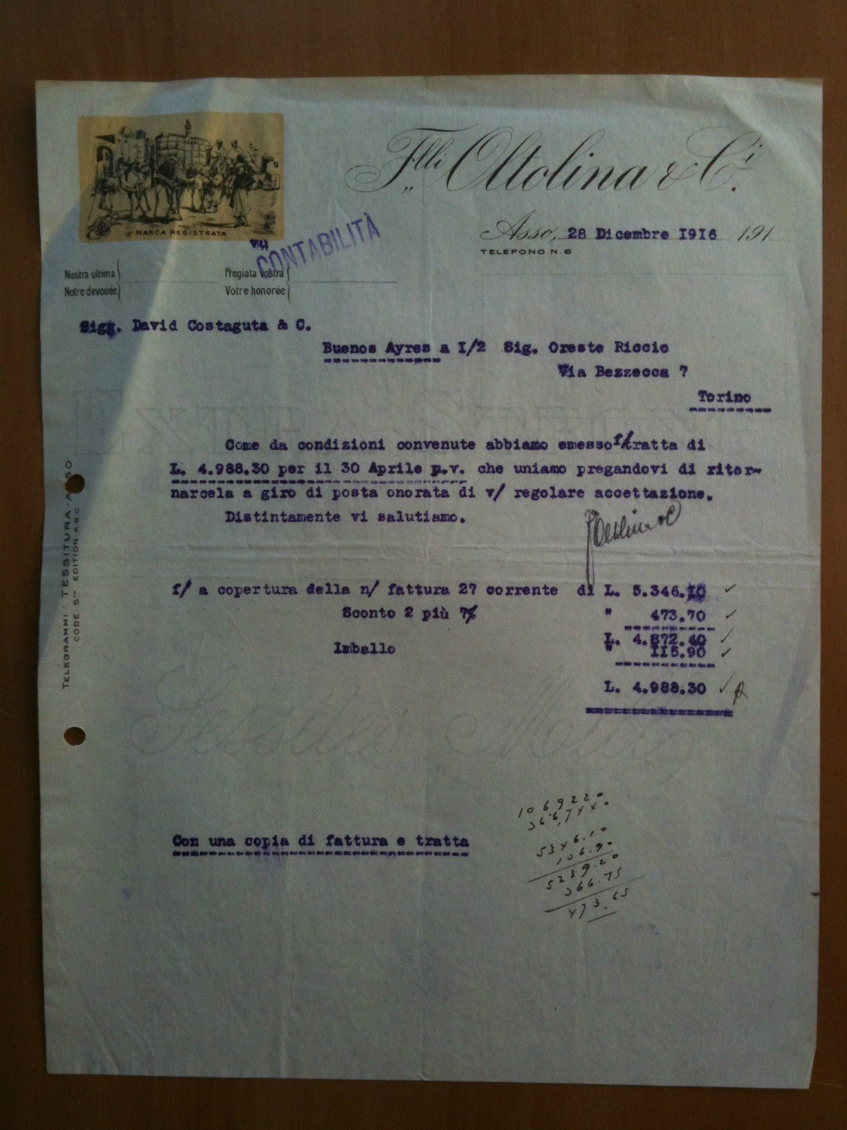 Lettera Commerciale Tessitura F.lli Oltolina &amp; C.i 1916 Asso