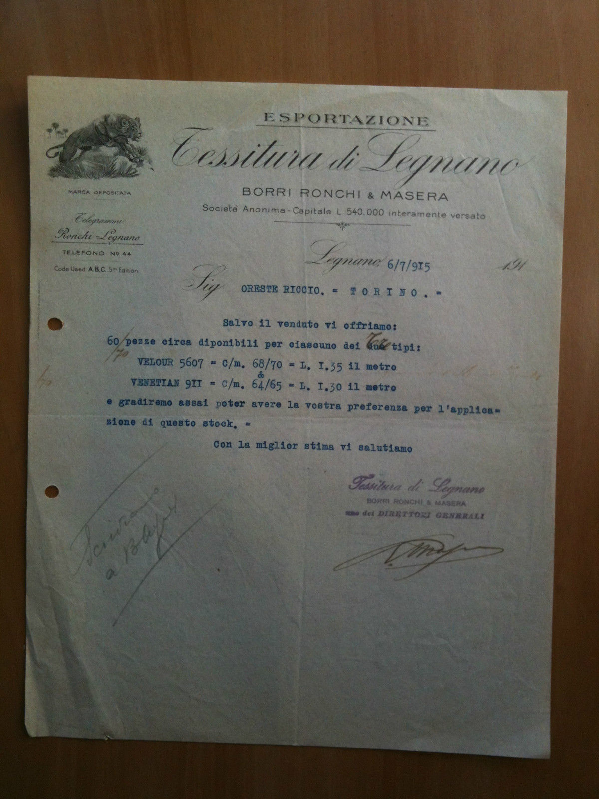 Lettera Commerciale Tessitura Legnano Esportazione Borri Ronchie &amp; Masera 1915