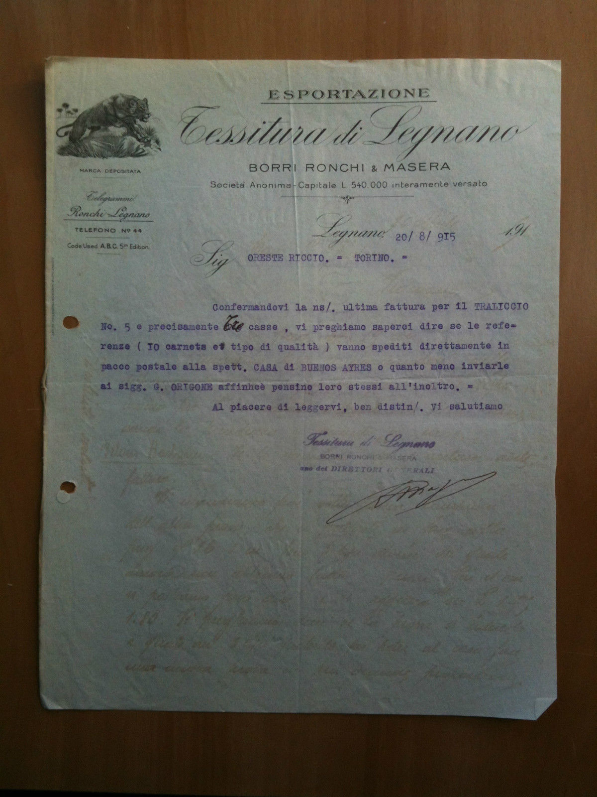 Lettera Commerciale Tessitura Legnano Esportazione Borri Ronchie &amp; Masera 1915