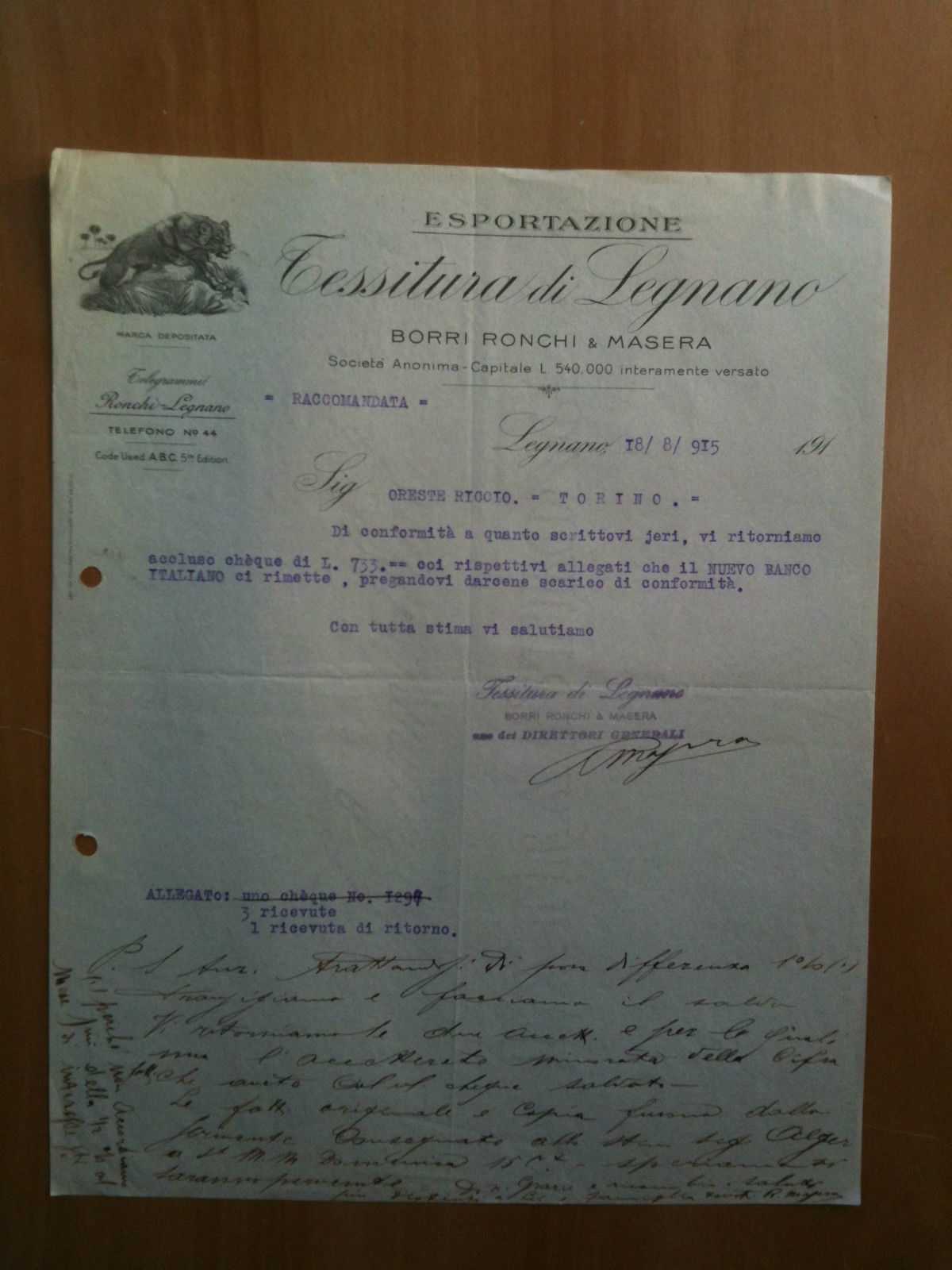 Lettera Commerciale Tessitura Legnano Esportazione Borri Ronchie &amp; Masera 1915