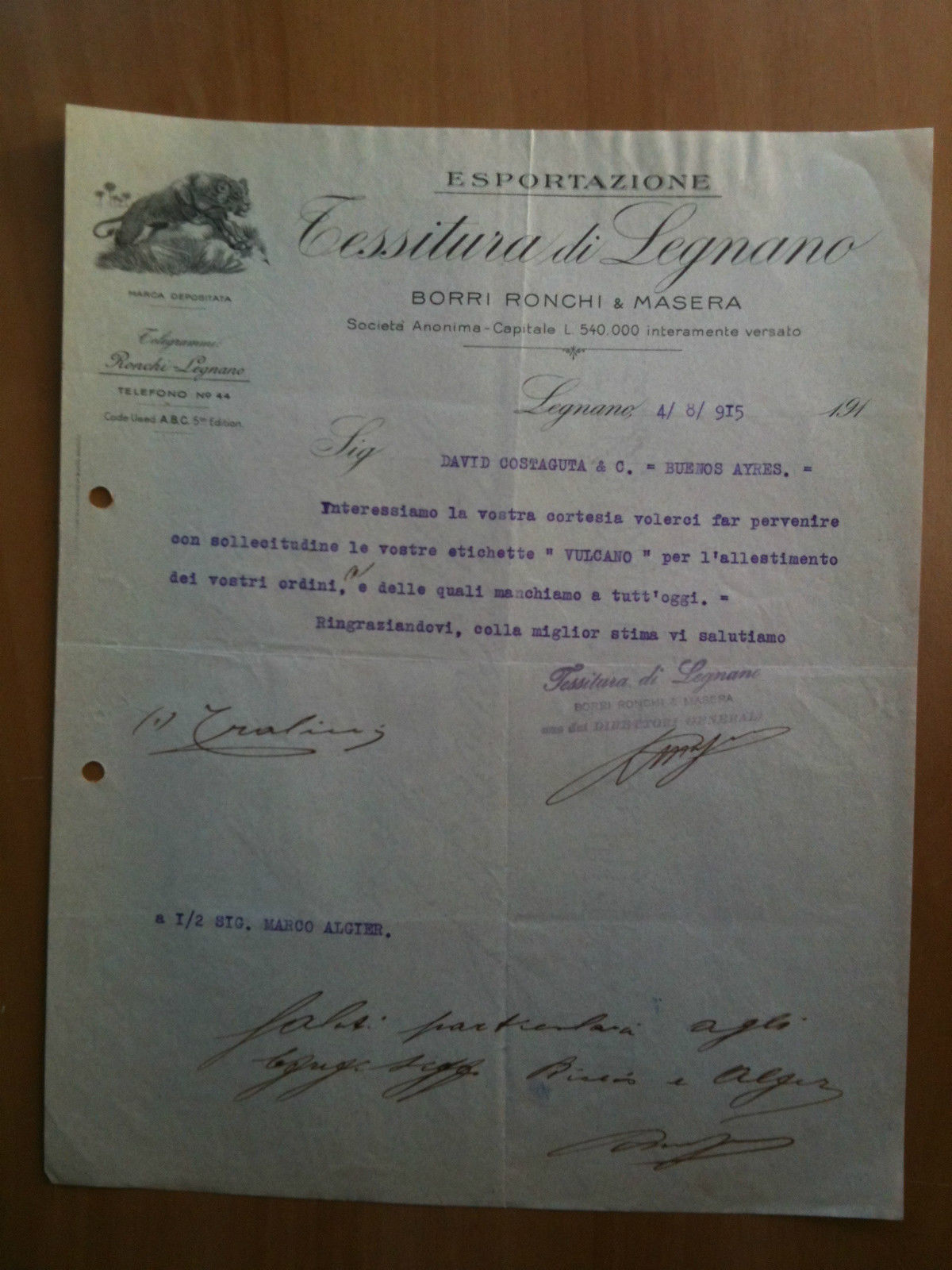 Lettera Commerciale Tessitura Legnano Esportazione Borri Ronchie &amp; Masera 1915