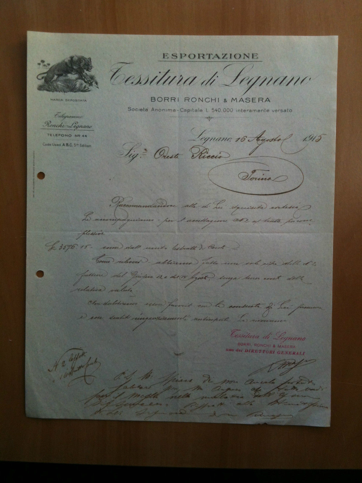 Lettera Commerciale Tessitura Legnano Esportazione Borri Ronchie &amp; Masera 1915