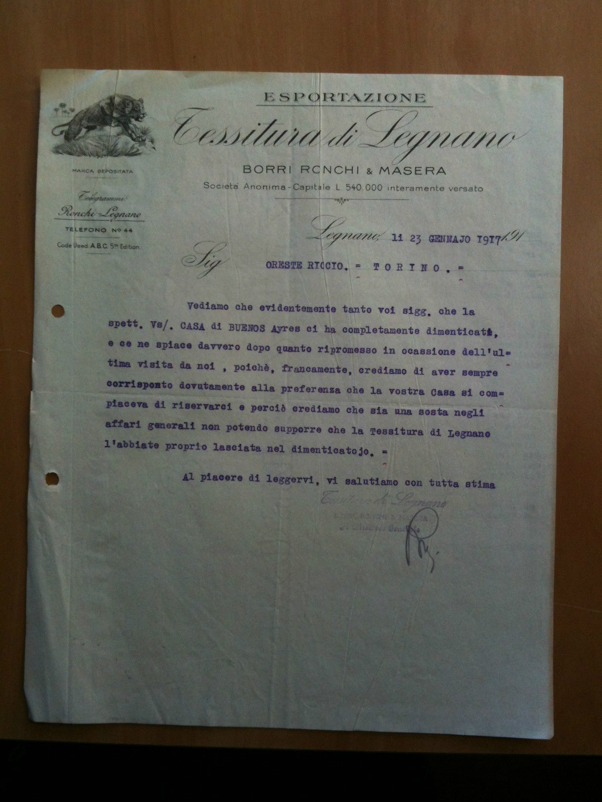 Lettera Commerciale Tessitura Legnano Esportazione Borri Ronchie &amp; Masera 1917