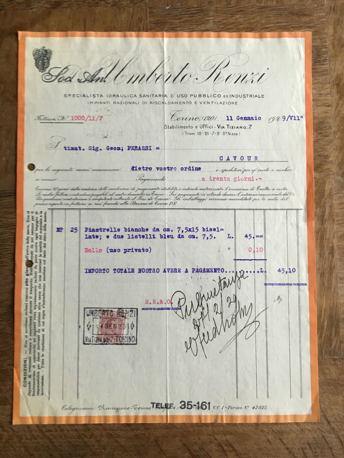 Lettera Commerciale Umberto Renzi idraulica Torino 1929 - E21947