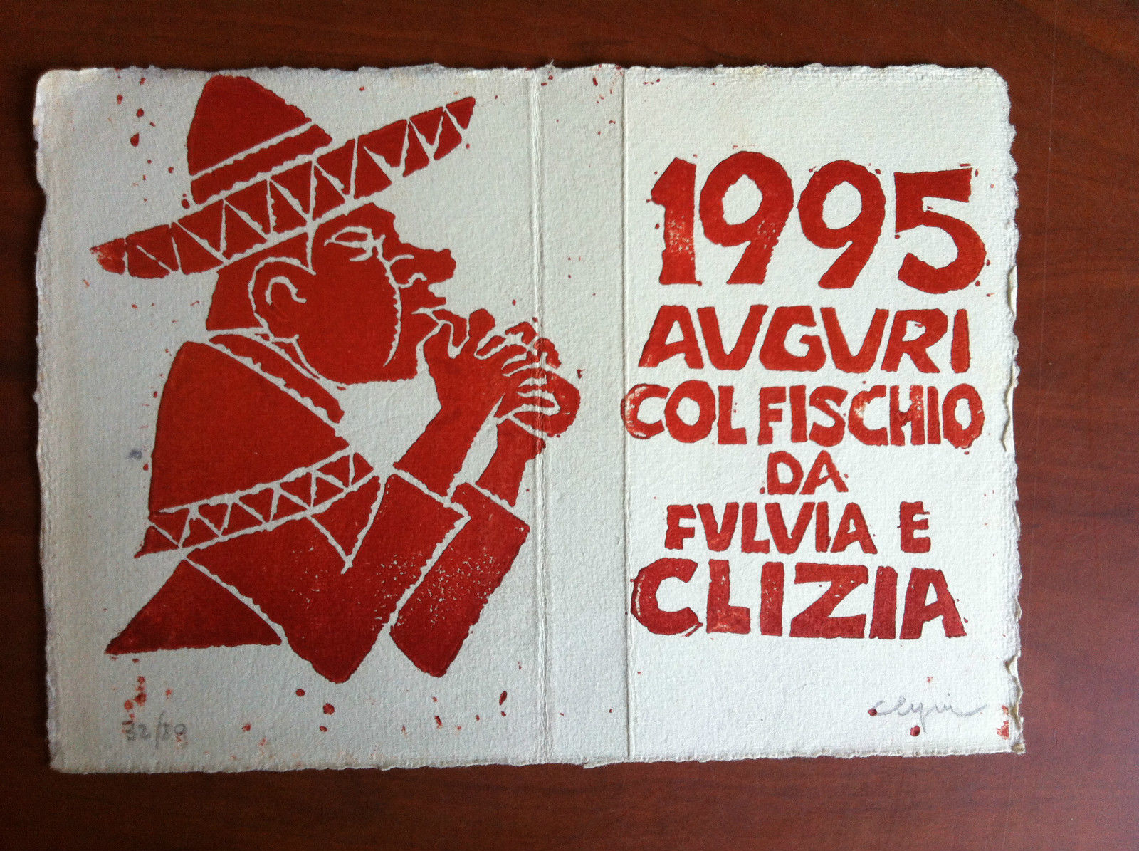 Linoleografia originale 1995 Auguri col fischio Fulvio e Clizia - …