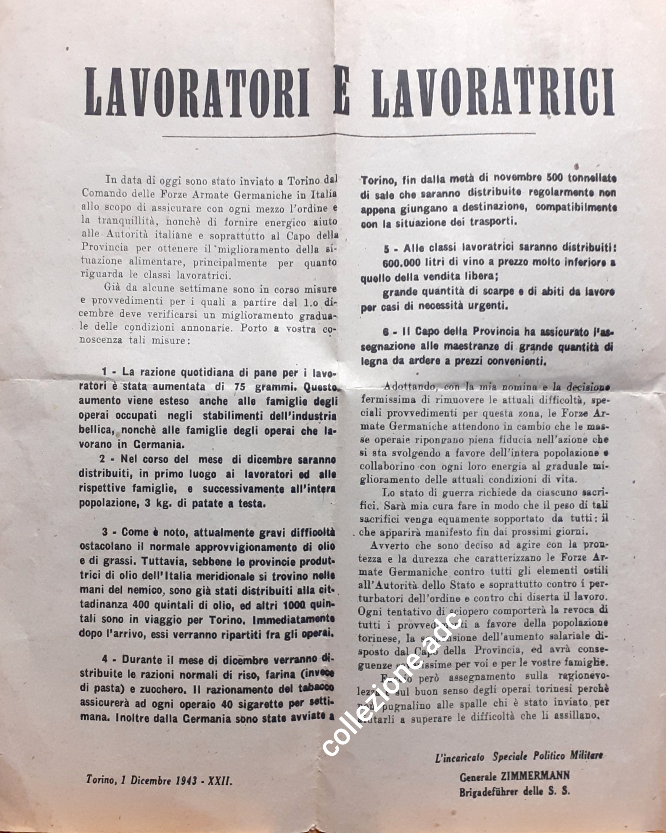Locandina ai Lavoratori e lavoratrici Torino 1 dicembre 1943