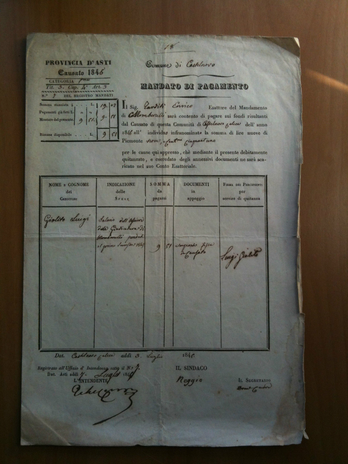 Mandato di pagamento originale 1845 Castelnovo provincia di Asti - …