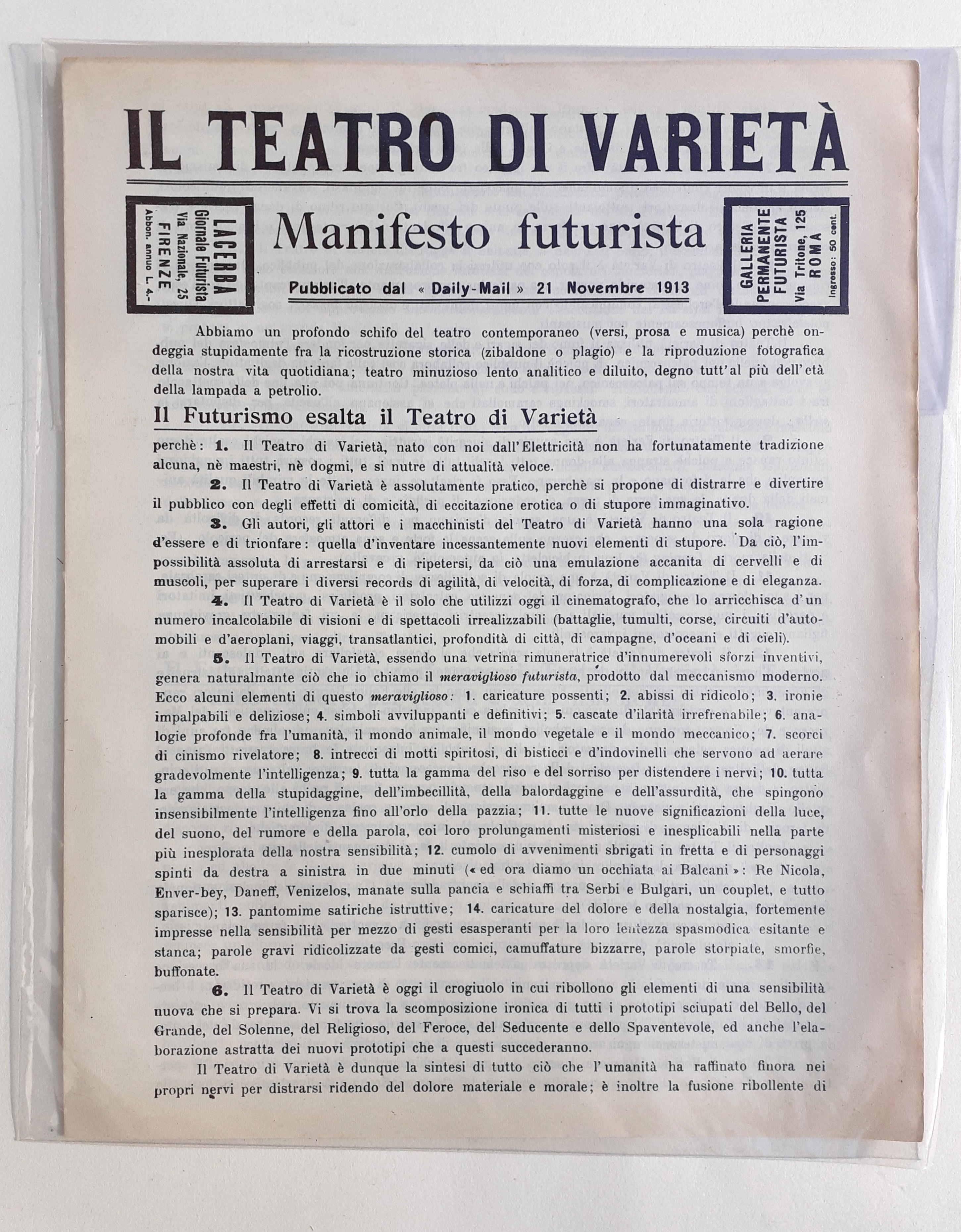 Manifesto Futurista "Il Teatro di Varietà" F.T. Marinetti 1913