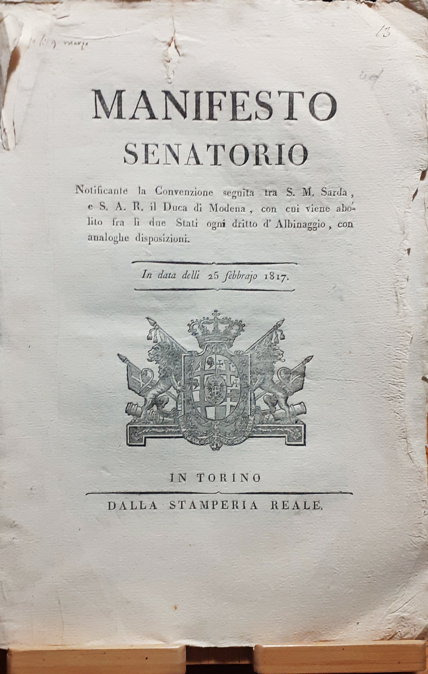 Manifesto Senatorio Abolizione diritto di Albinaggio Torino 1817