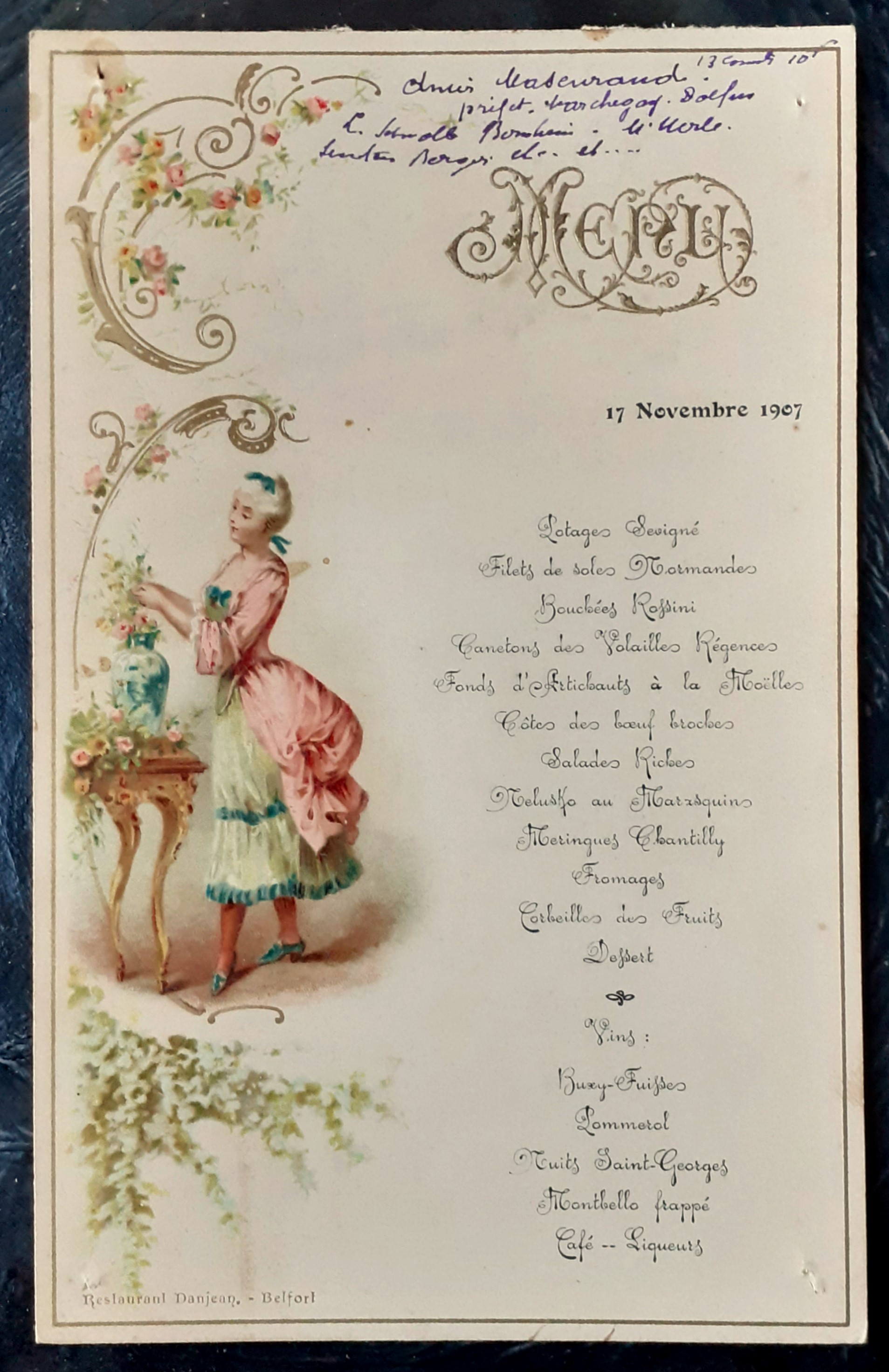 Menù Restaurant Danjean - Belfort France 1907