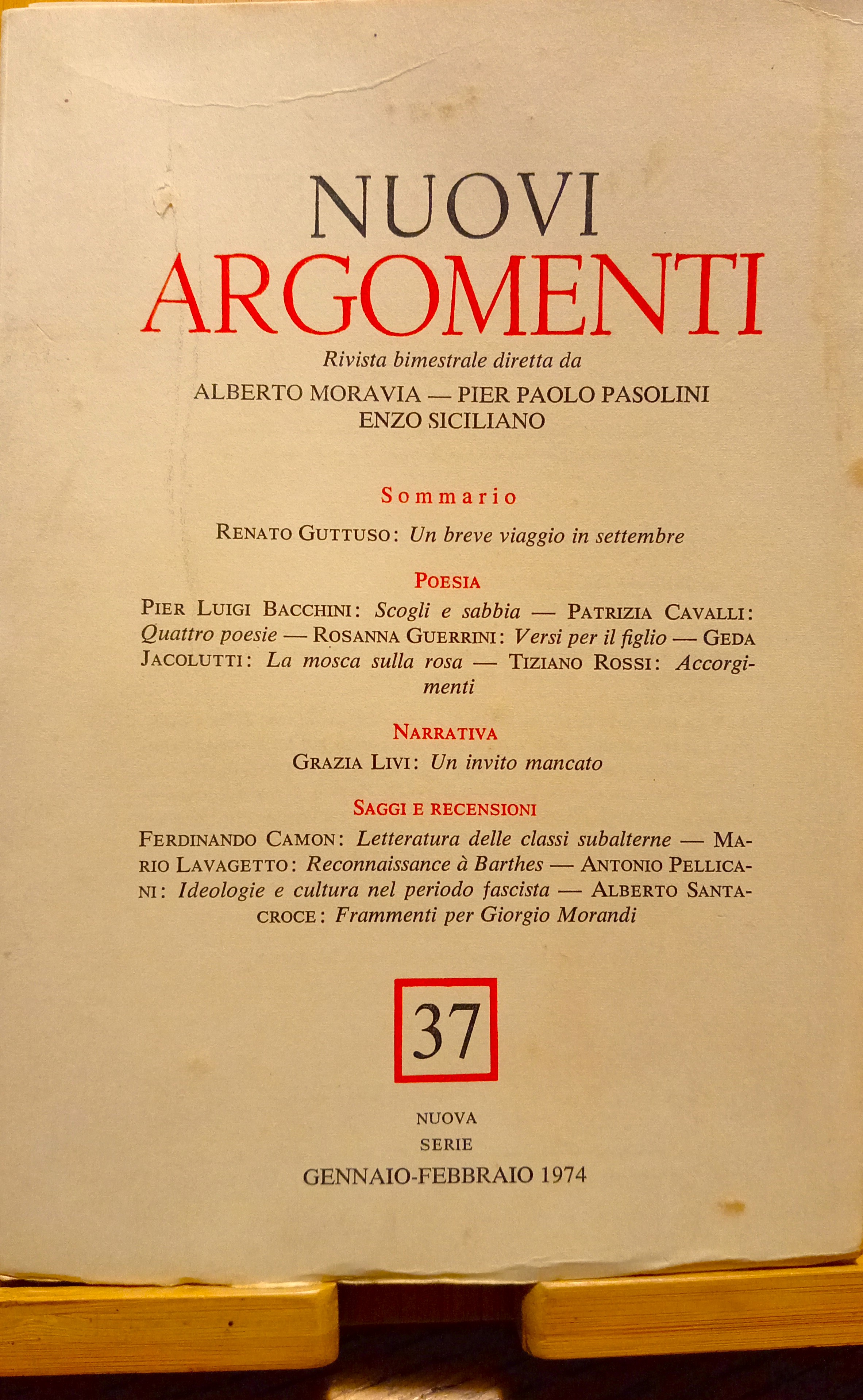 Nuovi Argomenti. Rivista bimestrale (Nuova Serie, 37, gennaio-febbraio 1974)
