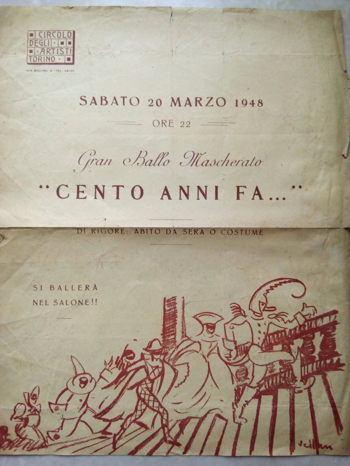 Piccola locandina Ballo Mascherato Circolo degli Artisti Torino 1948