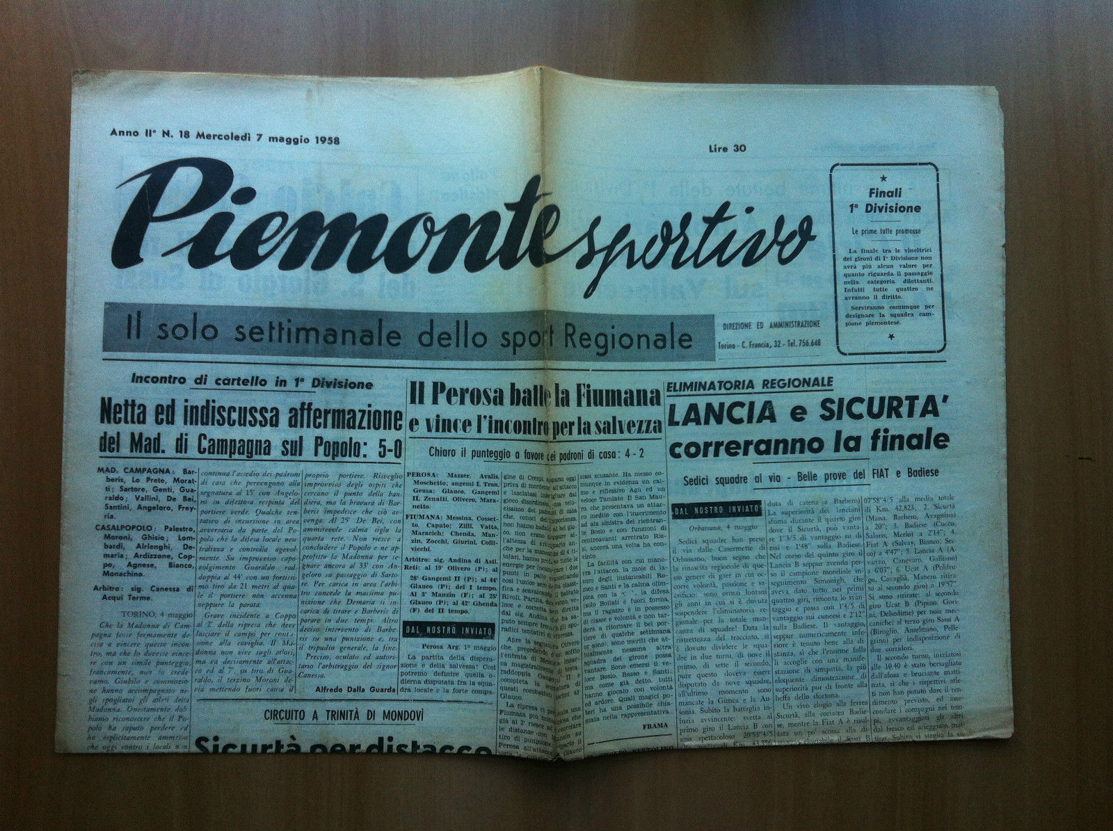 Piemonte Sportivo Anno II n^ 18 Mercoledì 7 Maggio 1958 …