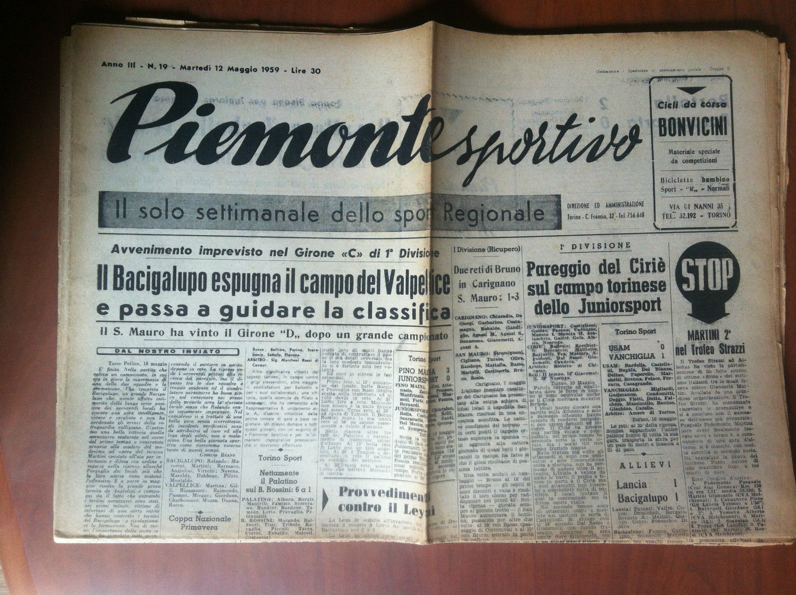 Piemonte Sportivo Anno III n^ 19 Martedì 12 Maggio 1959 …