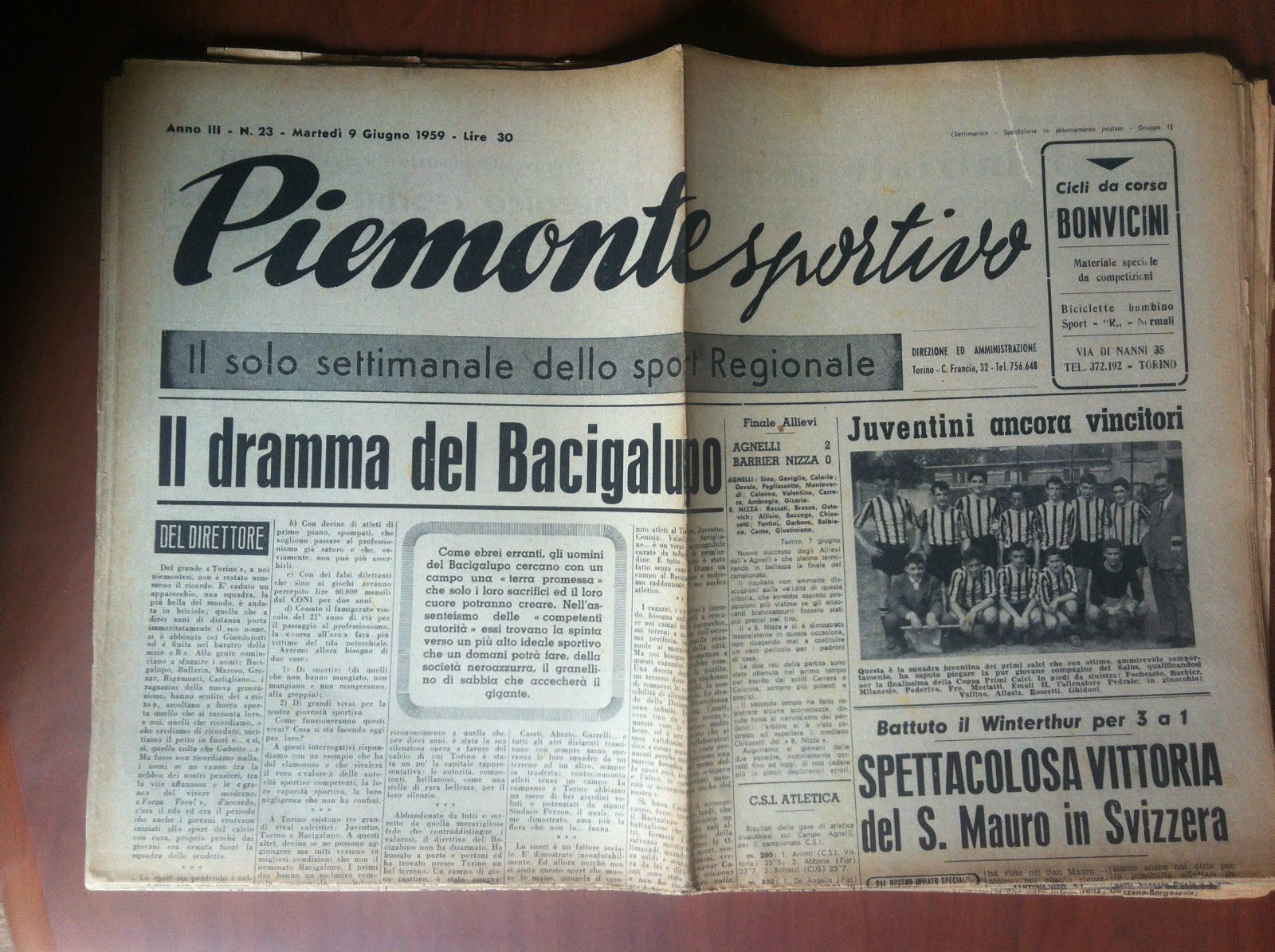 Piemonte Sportivo Anno III n^ 23 Martedì 9 Giugno 1959 …