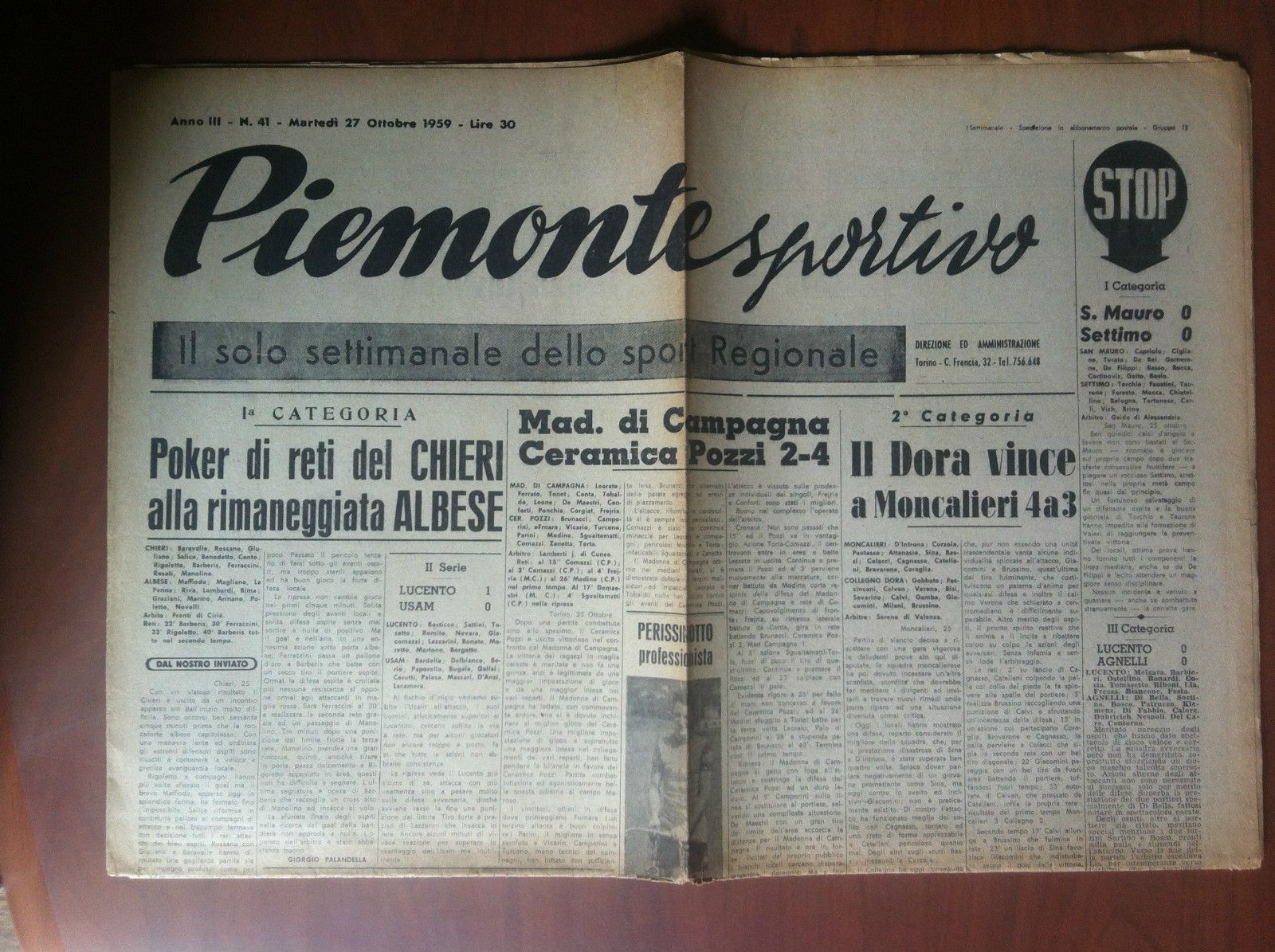 Piemonte Sportivo Anno III n^ 41 Martedì 27 Ottobre 1959 …