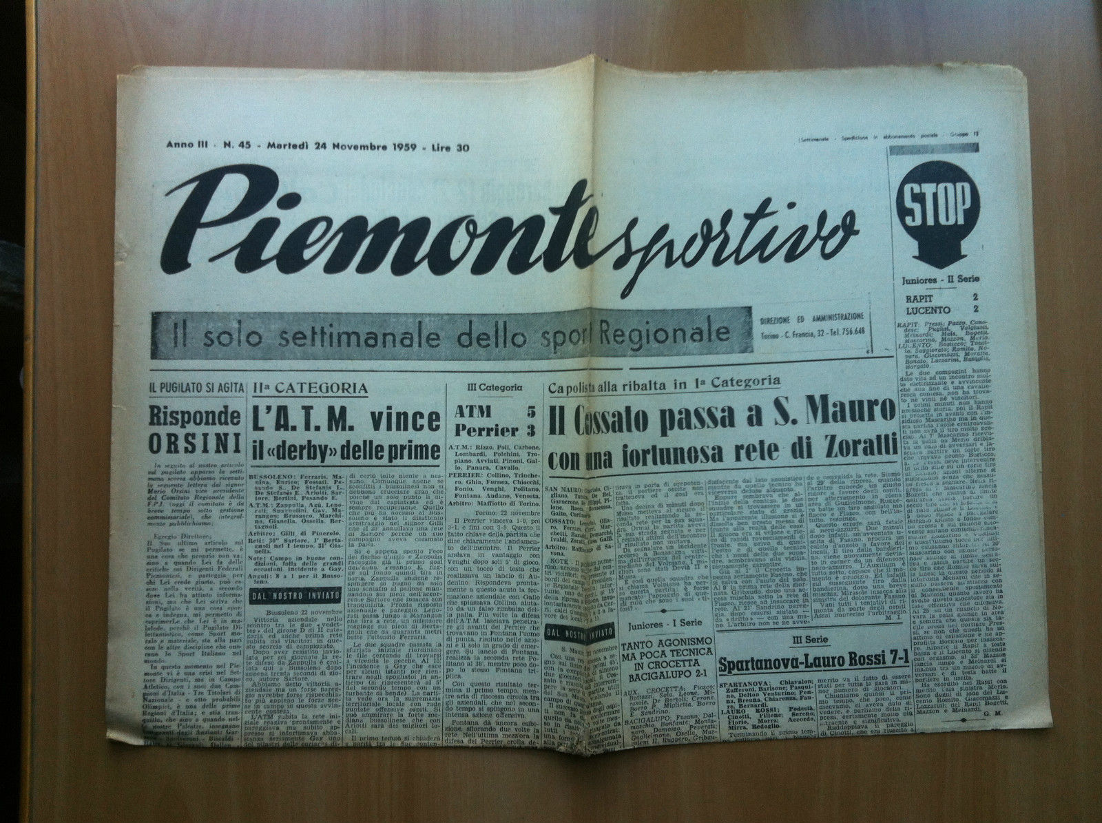 Piemonte Sportivo Anno III n^ 45 Martedì 24 Novembre 1959 …