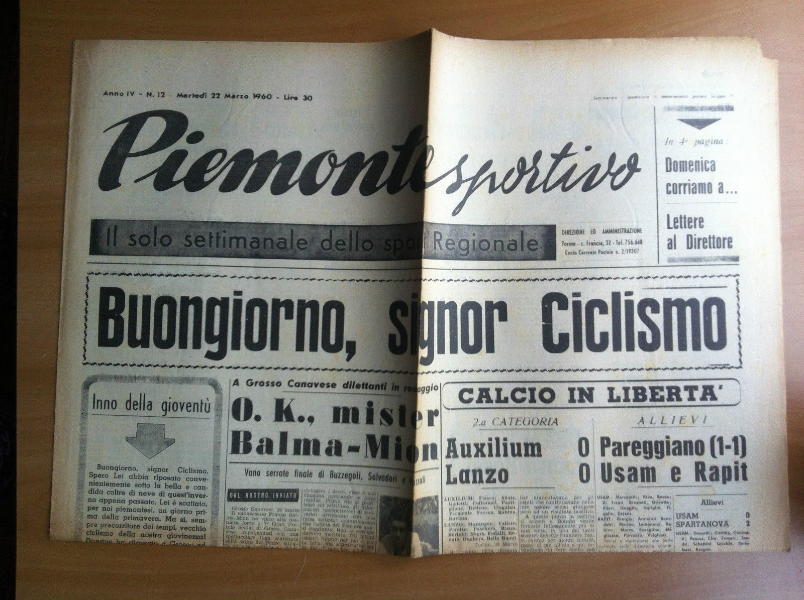 Piemonte Sportivo Anno IV n^ 12 Martedì 22 Marzo 1960 …