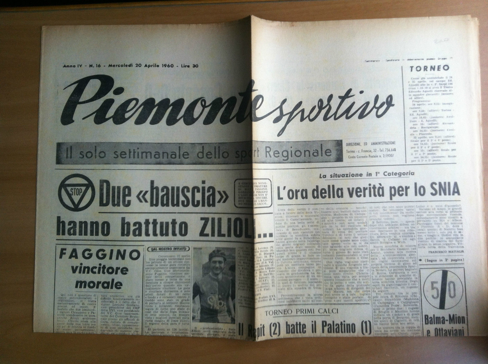Piemonte Sportivo Anno IV n^ 16 Martedì 20 Aprile 1960 …
