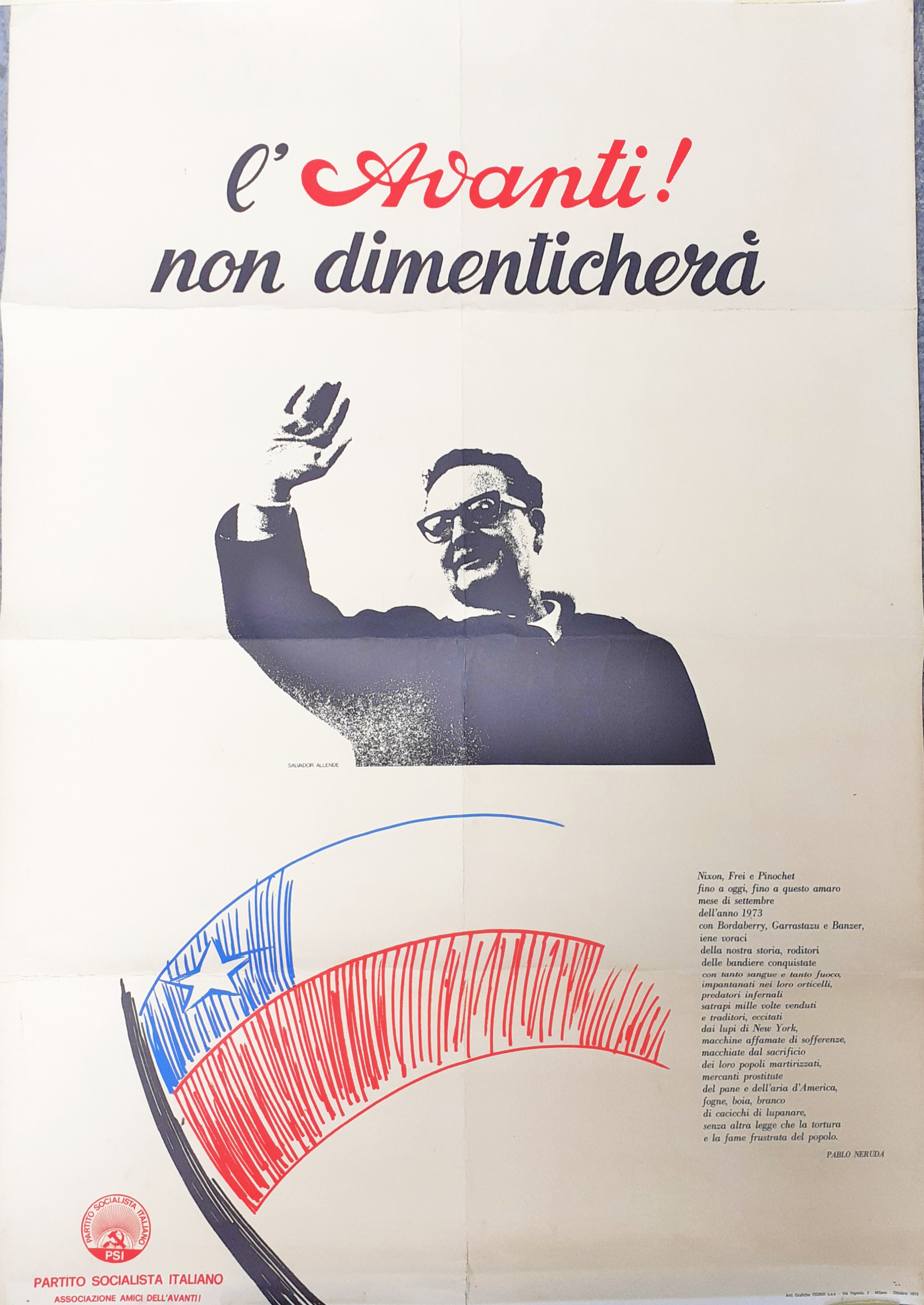 Poster PSI "l'Avanti non dimenticherà" Salvador Allende 1973