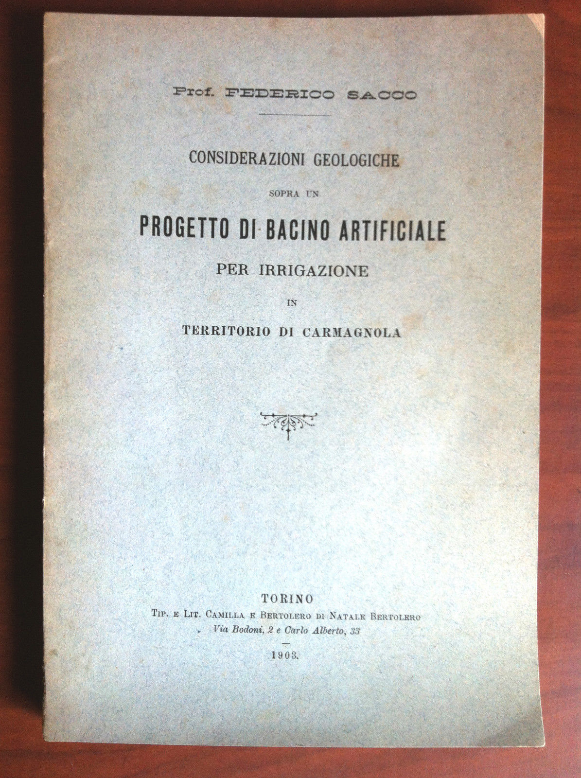 Progetto di bacino artificiale per irrigazione in Carmagnola Sacco 1903 …