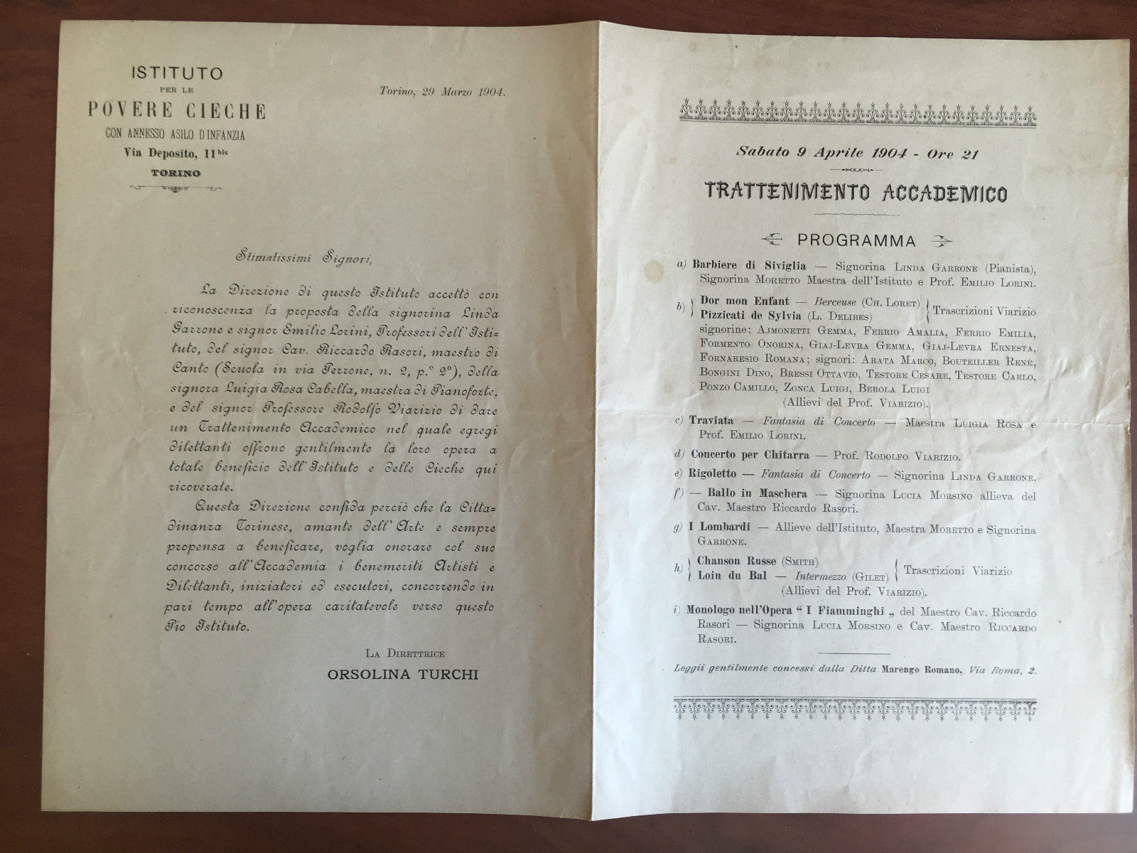 Programma concerto Istituto Povere Cieche Torino 1904 - E21689