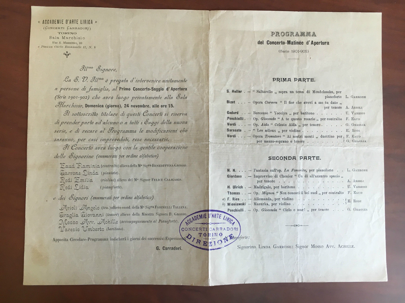 Programma Concerto-Matinée d'Apertura Carradori Torino 1901-902 - E21683