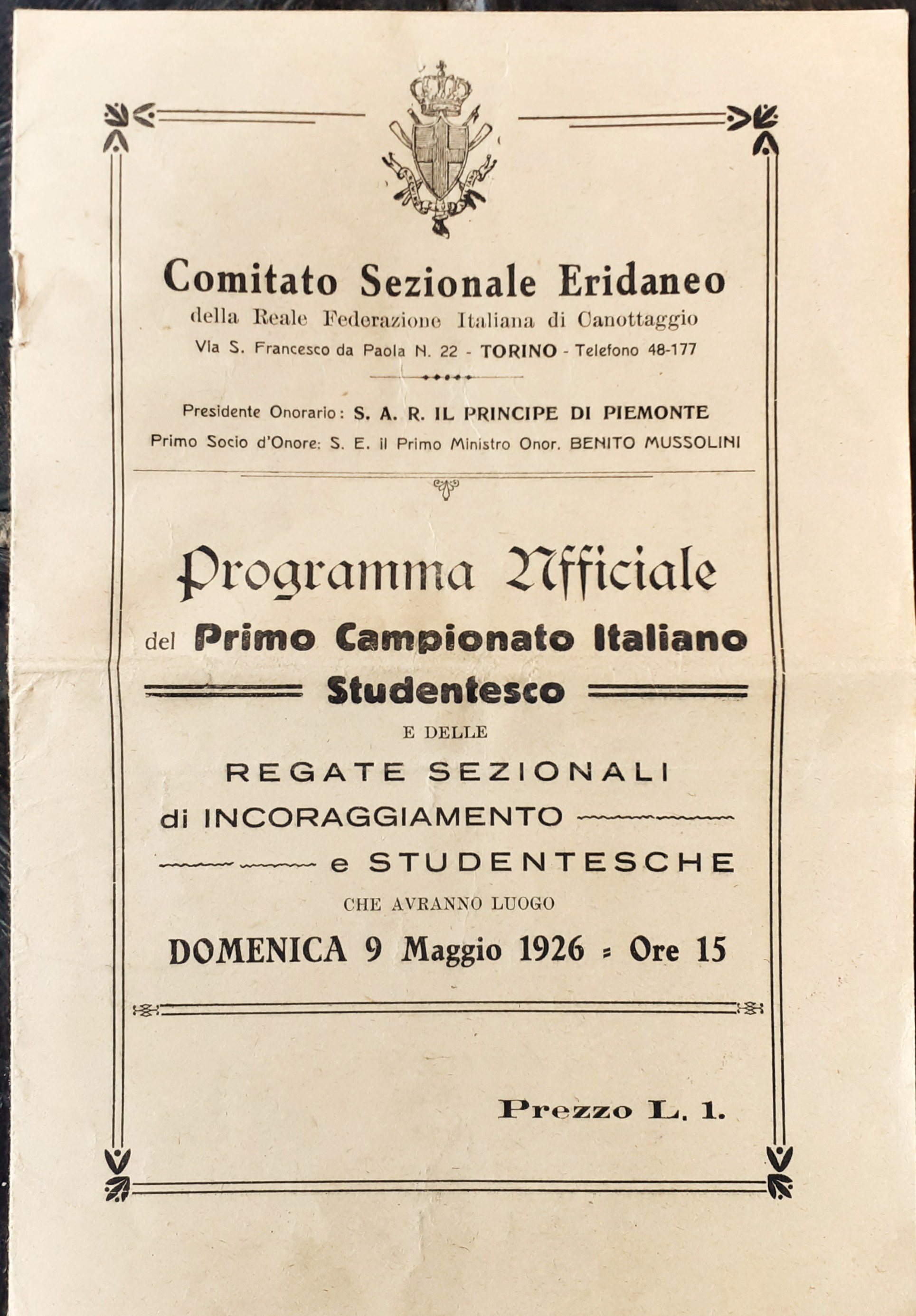 Programma Primo Campionato Italiano Studentesco Canottaggio Torino 1926