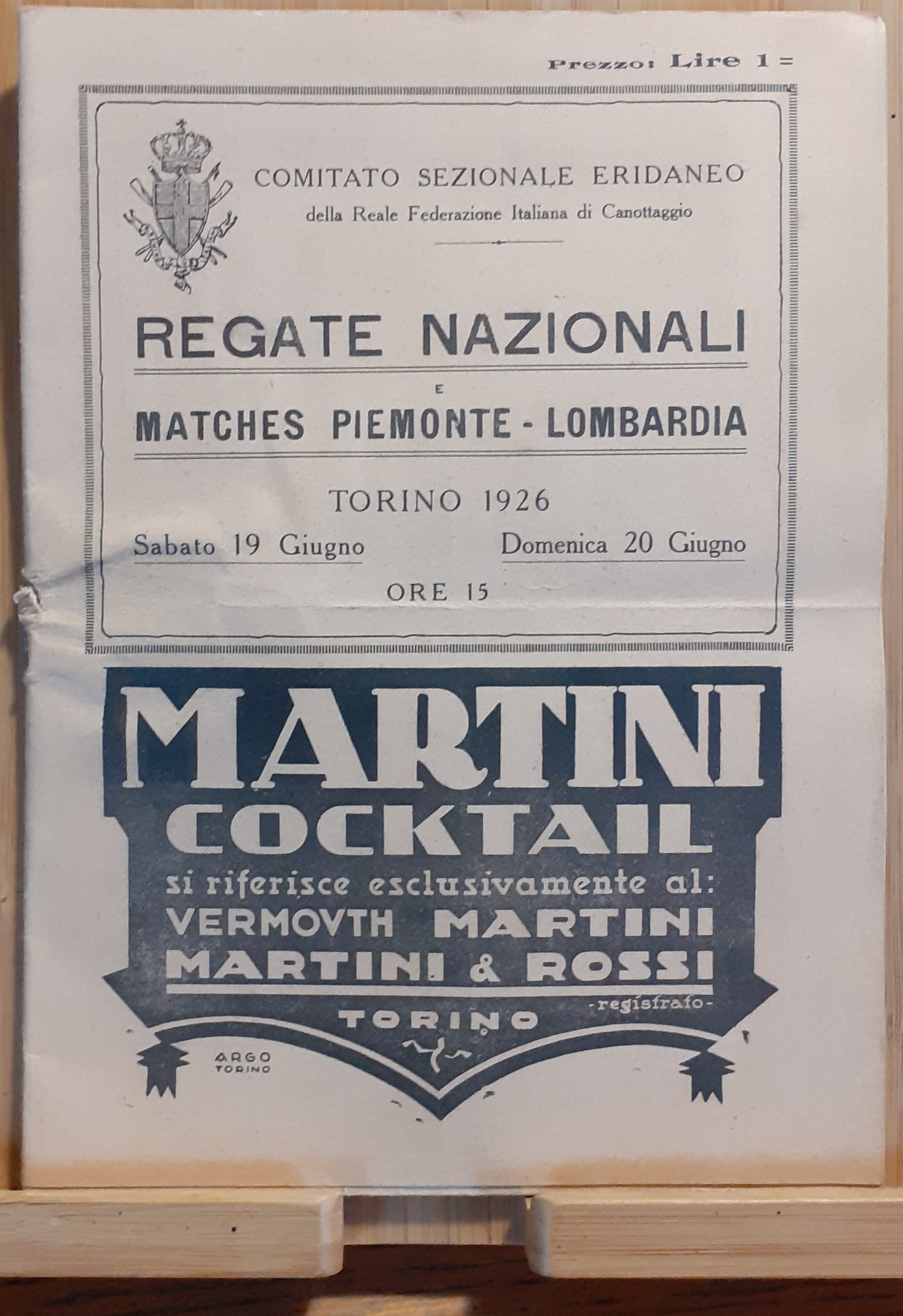 Programma Regate Nazionali e Matches Piemonte-Lombardia 1926 Torino