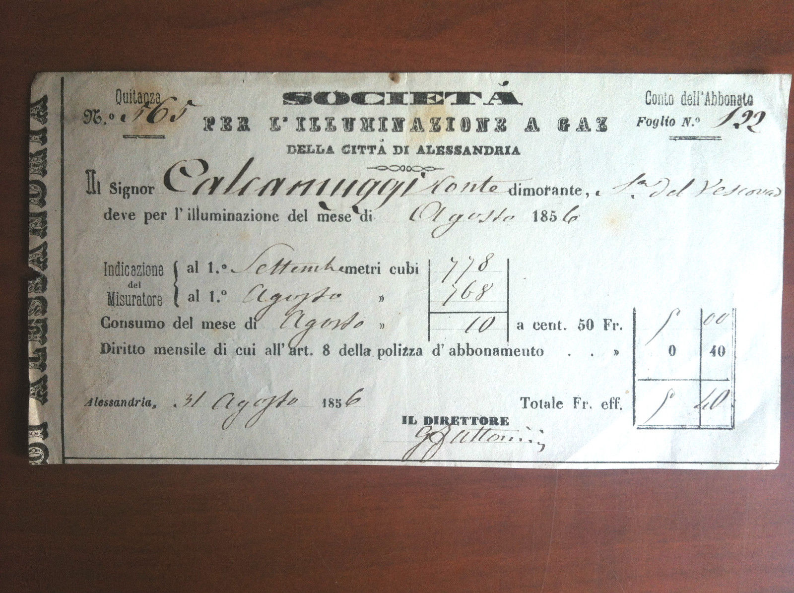 Ricevuta originale 1856 per l'illuminazione a Gaz Alessandria - E10651