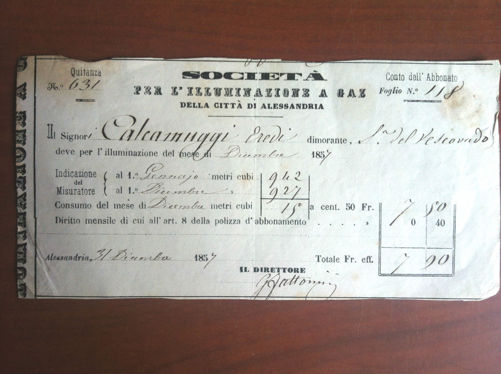 Ricevuta originale 1857 per l'illuminazione a Gaz Alessandria - E10650