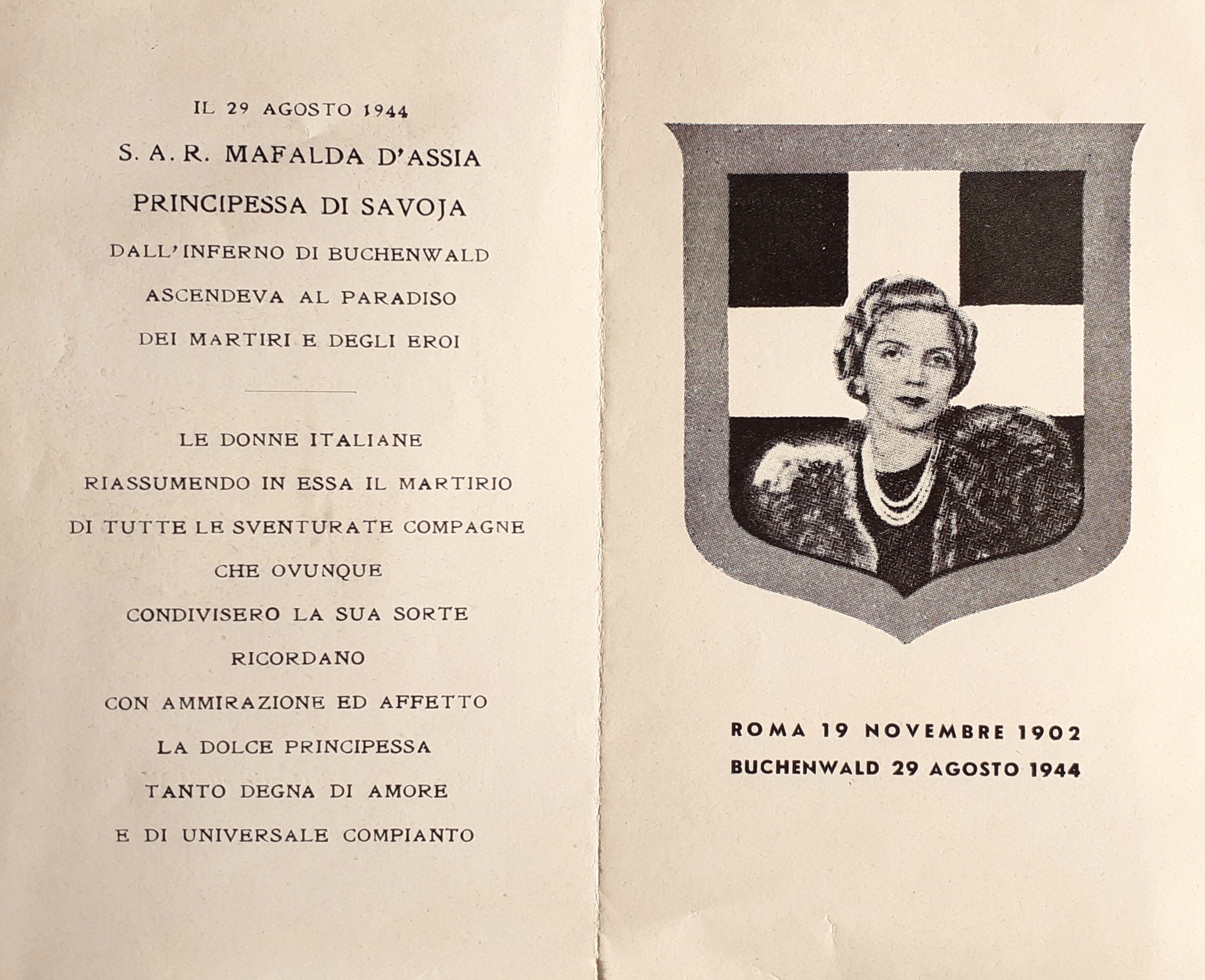 Ricordo funebre di S.A.R. Mafalda D'Assia Principessa di Savoia 1944